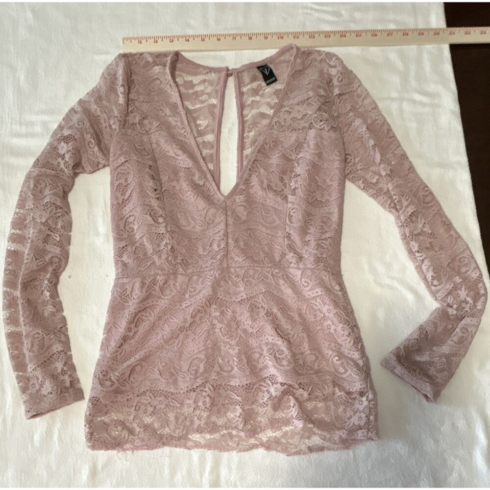 Windsor Pink Floral Lace V-Neck Long Sleeve Pullover Blouse S/M 0192